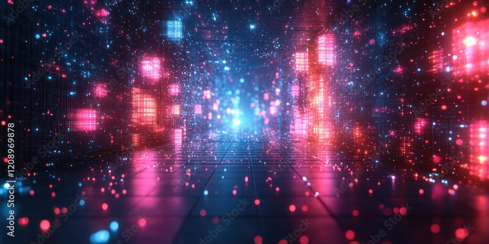 Poster vibrant geometric digital landscape with neon lights and dynamic polygons in futuristic cyberspace