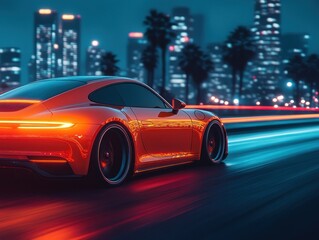 Fototapeta premium Vibrant sports car speeding through neon-lit cityscape
