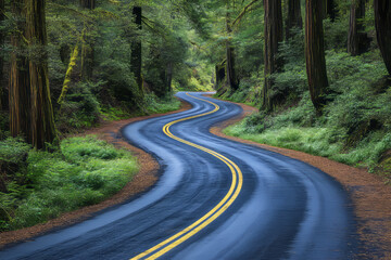 Fototapeta premium explore the winding redwood forest road through california's misty redwoods on a scenic drive along the picturesque redwood national park highway after the rain