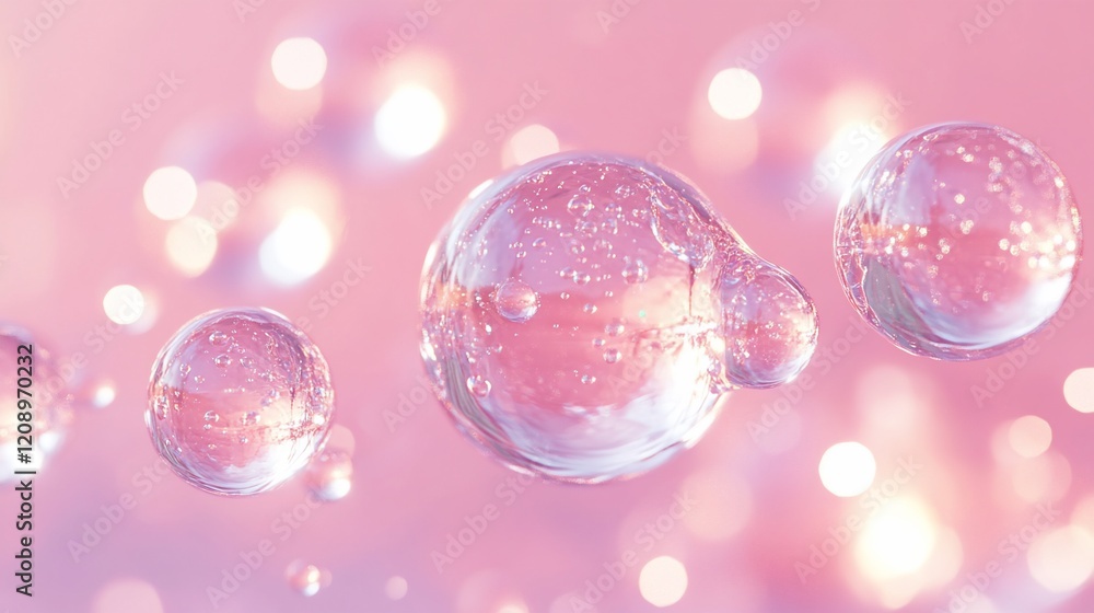 Poster abstract pink background with floating transparent spheres and bokeh lights.