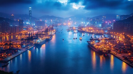 Fototapeta premium Night View of Hong Kong's Vibrant Harbor, a Metropolis of Lights and Cargo Ships