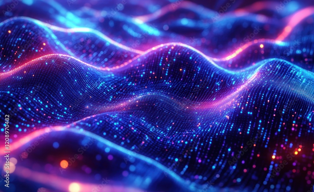 Poster futuristic data visualization in cyberpunk style with neon waves and dynamic composition