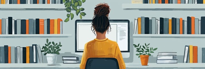 Woman sits at a desk with bookshelves behind her and a computer screen in front of her. AI generative. .