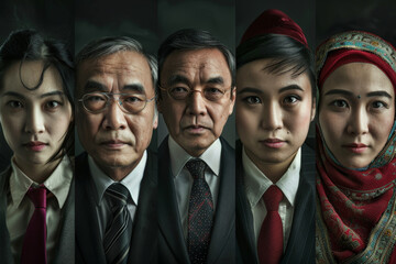 Fototapeta premium diverse group of five individuals in formal attire, showcasing unique expressions and cultural backgrounds. image conveys sense of unity and strength
