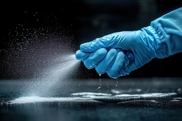 Surface Cleaning with Antibacterial Spray in Medical Blue Gloves for Disinfecting Against COVID-19 Pandemic
