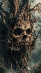 Dark Fantasy Skull Tree Castle: A Gothic Horror Landscape