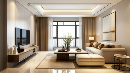 Fototapeta premium Modern living room with elegant furniture, large windows, and decorative plants, creating bright and inviting atmosphere