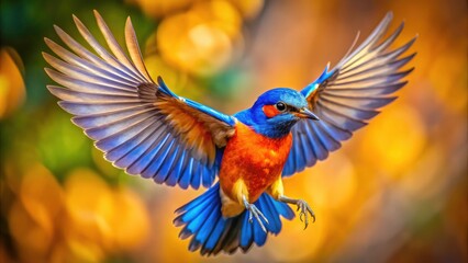Fototapeta premium Macro Photography: Vibrant Orange Blue Bird in Flight, Close Up Feather Detail, Wildlife, Avian Photography