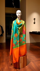 A mannequin draped in a vibrant silk stole, featuring hand-painted Indian motifs, displayed in a fashion retail space.


