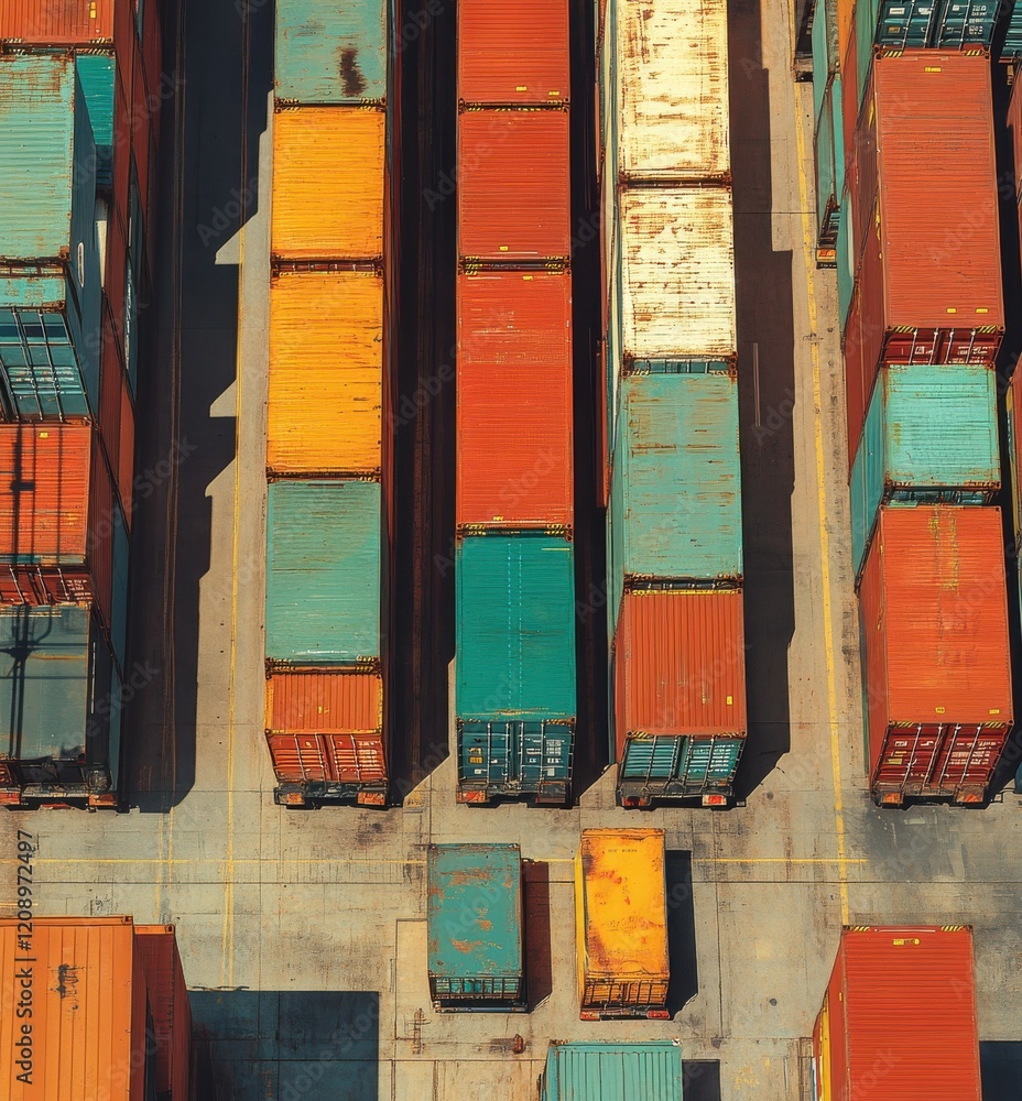 Poster aerial view of colorful shipping containers and cargo storage in a freight yard with organized rows 