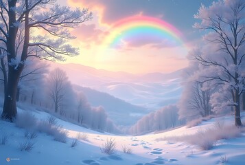 landscape with trees and snow, Snowy winter landscape with a vibrant rainbow over a serene valley