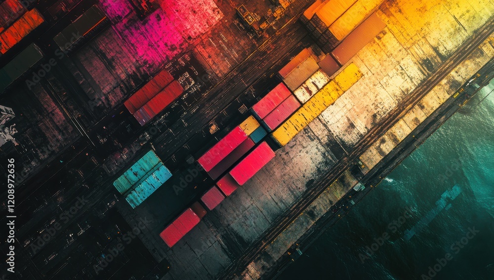 Poster aerial view of colorful shipping containers arranged in a port, showcasing patterns and vibrant colo