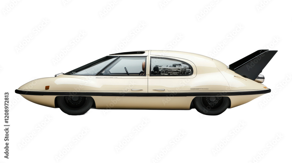 Poster unique futuristic car design displayed in a modern exhibition setting isolated on transparent backgr