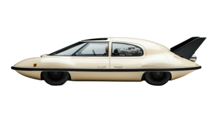 Unique futuristic car design displayed in a modern exhibition setting isolated on transparent background