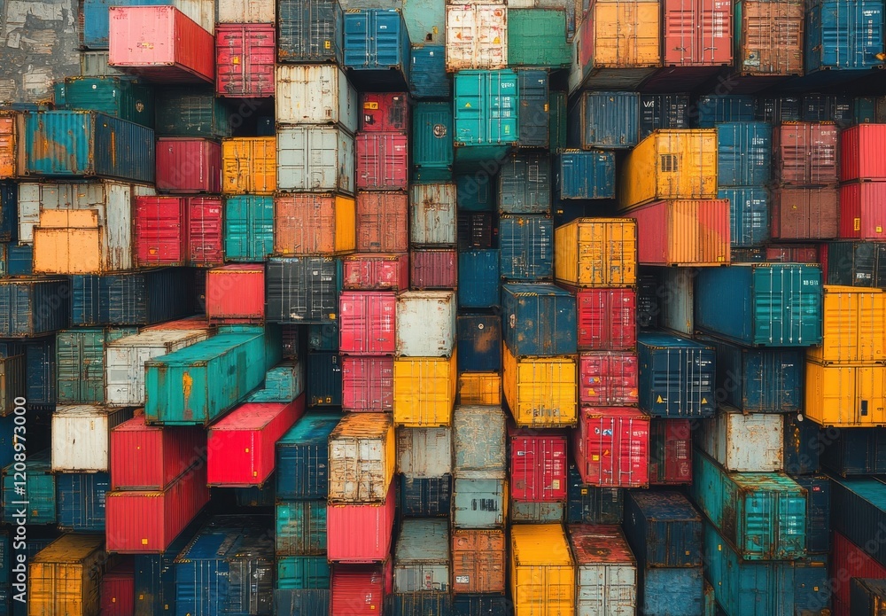 Poster aerial view of colorful shipping containers stacked efficiently in a port, showcasing a vibrant and 