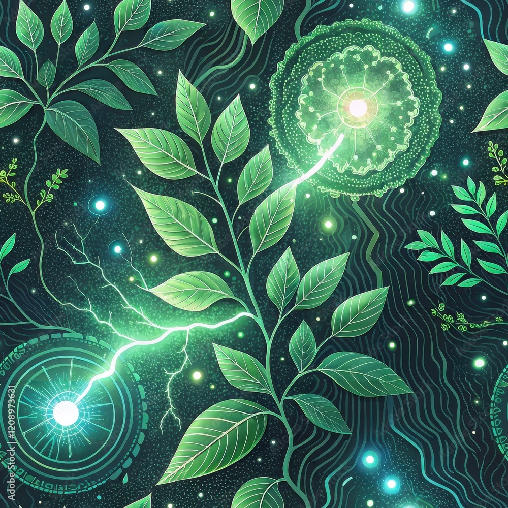 Sticker Vibrant Green Leaves Glowing Energy Seamless Pattern Mystical Nature Digital Art Botanical