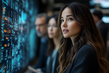 Focused businesswoman analyzing data on a large screen with colleagues.