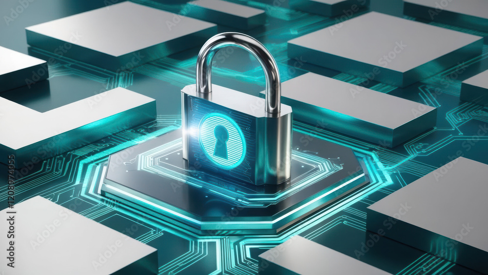Poster dynamic depiction of blockchain financial security featuring glowing padlock icon integrated into di