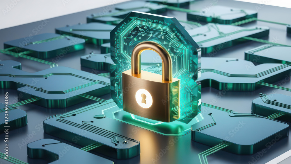Poster dynamic depiction of blockchain financial security featuring glowing padlock icon integrated into di