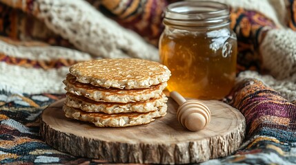 Protein banana and oatmeal pancakes in a pile on a rustic wooden board alongside a jar with honey isolated on a colorful background