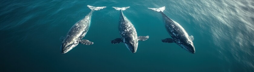 Fototapeta premium Three majestic gray whales swimming gracefully in clear blue ocean waters during a bright sunny day, showcasing their unique patterns and beauty in marine life.