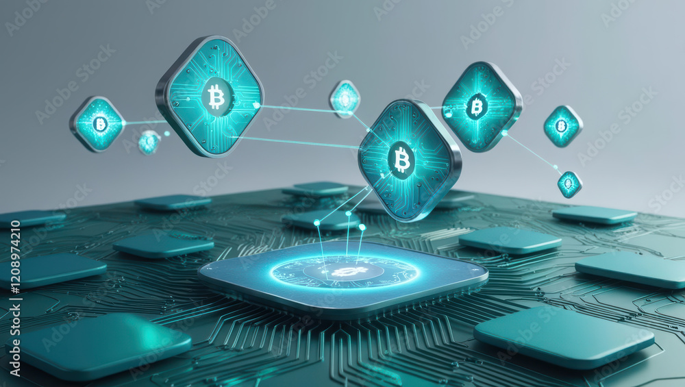 Poster futuristic representation of blockchain technology with glowing microloan icons and interconnected n