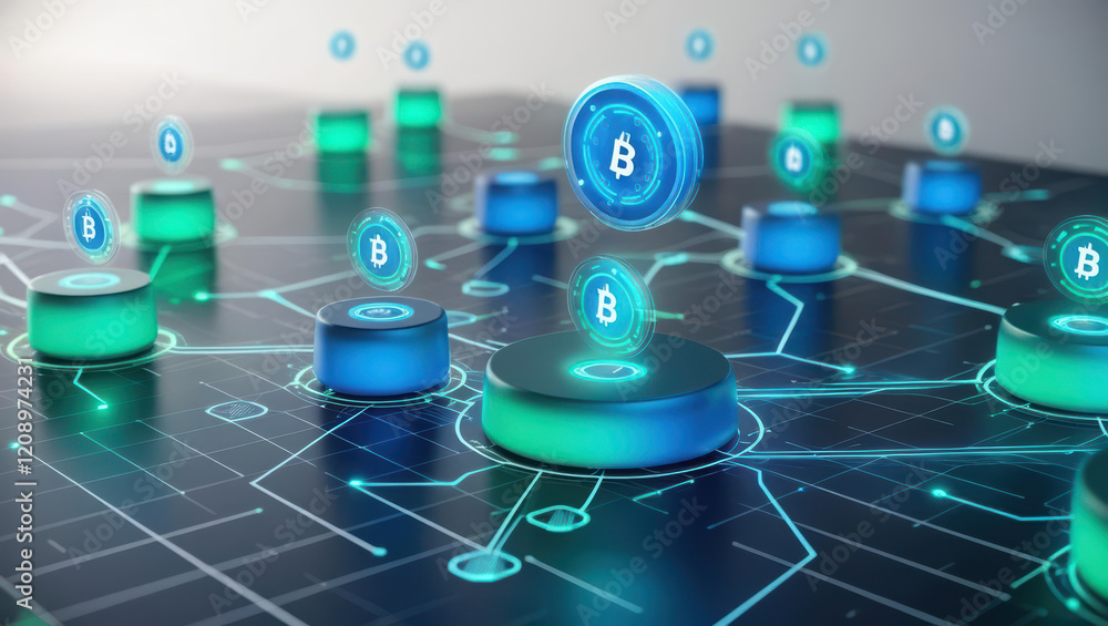 Poster futuristic depiction of blockchain technology featuring glowing nodes and microloan icons above digi