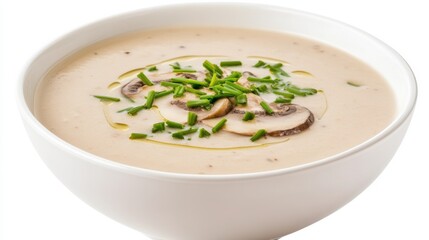 A bowl of creamy mushroom soup garnished with a drizzle of truffle oil and chopped chives, Its rich aroma and velvety texture enticingly displayed