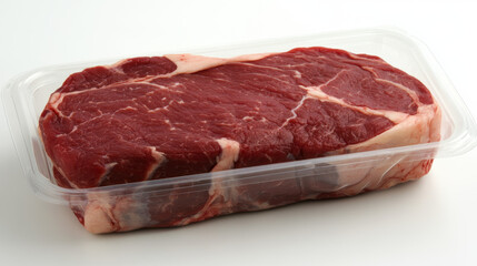 Fresh Raw Rib Eye Steak in Plastic Packaging