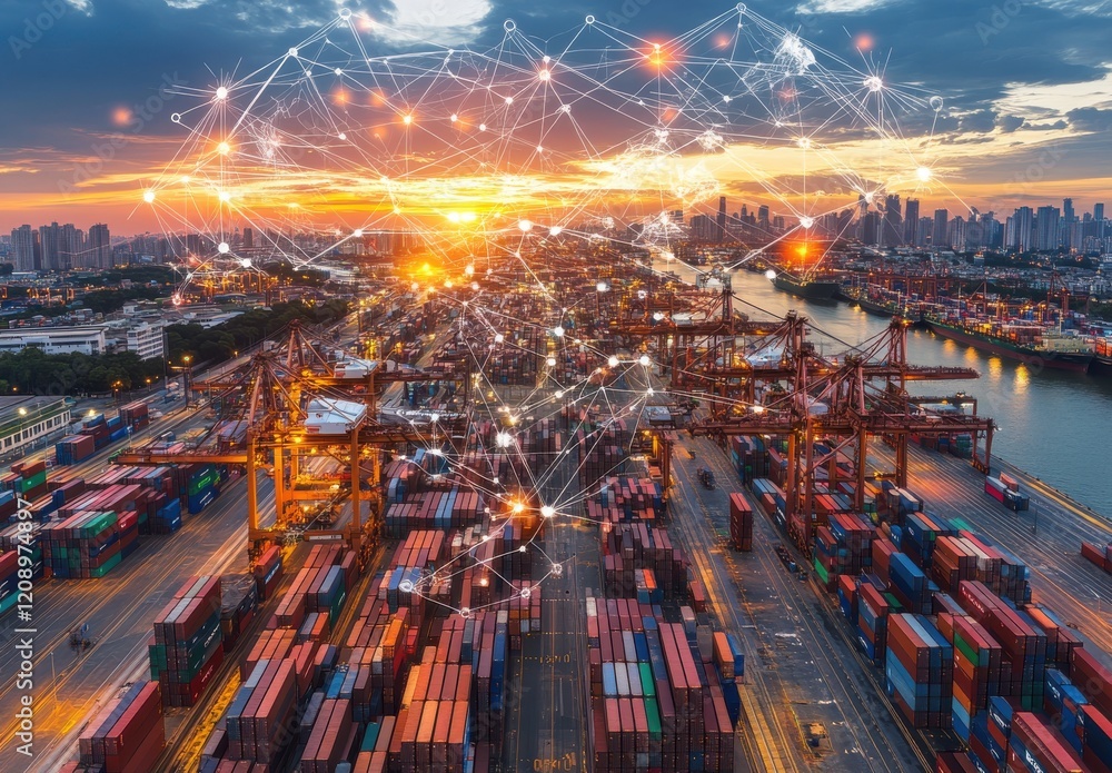 Poster aerial view of shipping port with cargo containers and smart technology network connectivity at suns