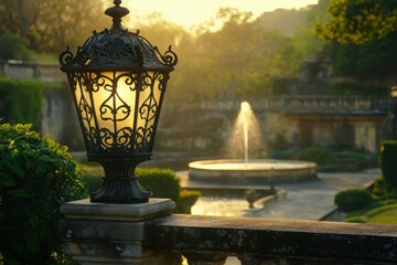 Obraz premium Warm Lantern Glow in a Lush Garden at Golden Hour