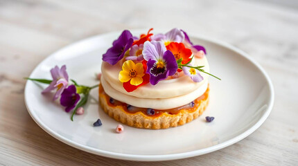 Elegant Dessert Garnished with Edible Flowers in Bright Natural Light
