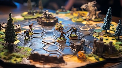 Strategy board game setup with hexagonal tiles and miniatures on a round table