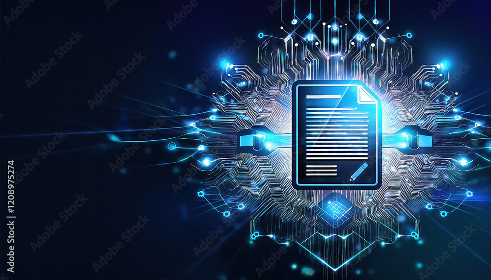 Poster digital representation of interconnected documents showcasing smart contract technology, emphasizing