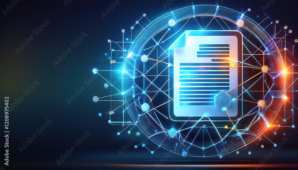 Poster creative depiction of smart contract application featuring interconnected digital documents and netw