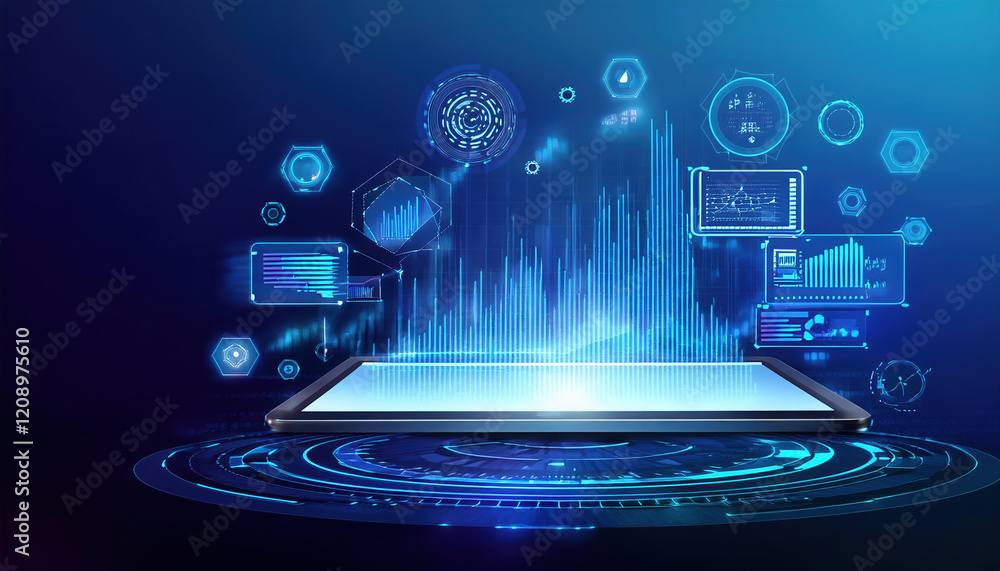 Poster innovative fintech tools with analytics on tablet, showcasing data visualization and technology
