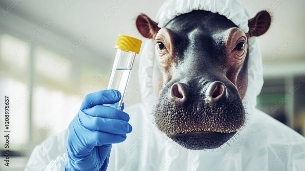 Poster a lab technician in a protective suit holds a test tube while a cow with a serious expression stands