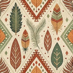 Seamless Autumnal Leaf and Feather Pattern Ethnically Inspired Textile Design Warm Tones