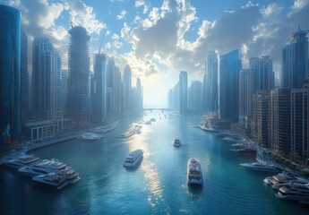 Fototapeta premium Breathtaking Aerial View of a Modern Cityscape with Skyscrapers and Boats at Dawn, Showcasing Urban Life and Serenity in Vibrant Coastal Atmosphere