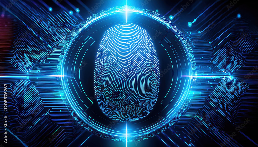 Poster glowing fingerprint scanner representing biometric payment methods