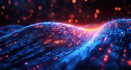 Digital Wave Flow Abstract Landscape with Binary Code in Surreal Futuristic Design