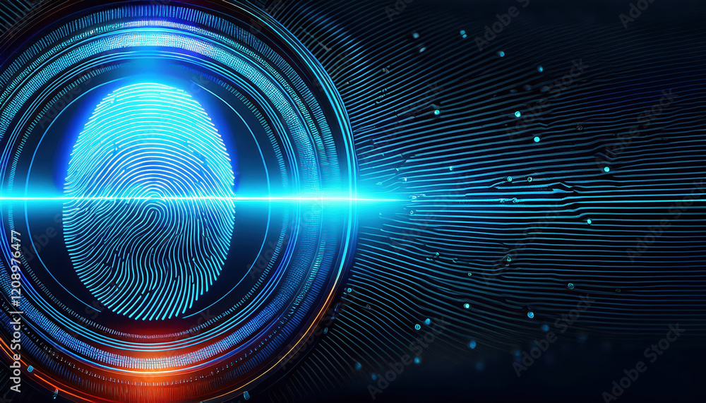 Poster glowing fingerprint scanner with biometric technology and digital lines