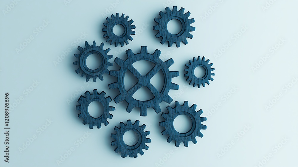 Poster a cluster of blue gears arranged in a dynamic pattern, symbolizing mechanics, engineering, and colla