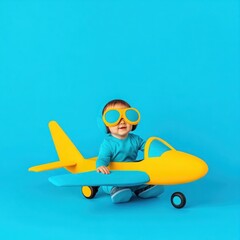 Cheerful Baby in Blue Outfit Wearing Sunglasses, Sitting in Yellow Airplane Toy on Bright Blue Background, Representing Fun and Imagination in Playtime Activities