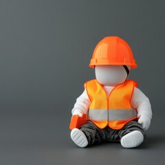 Cute fabric doll wearing safety gear including a hard hat, reflective vest, and gloves, representing construction safety, child-friendly and inspiring designs for playtime and education