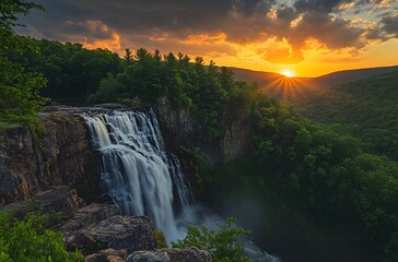 Fototapeta premium Majestic Waterfall Sunset Landscape Scenic View