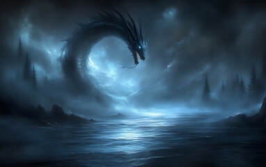 Enormous dark blue dragon coiled over misty lake at night.