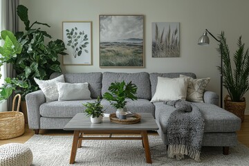 Cozy Modern Living Room Decor with Stylish Sofa, Artwork, Green Plants, and Natural Light for Inviting Home Atmosphere