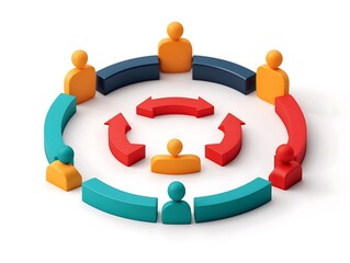 A circular arrangement of colorful figures symbolizes collaboration and communication among participants in a group discussion or meeting.