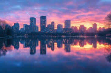 Fototapeta premium Breathtaking Urban Skyline at Dusk with Vibrant Reflections in Water and Colorful Clouds Illuminating City Buildings in a Serene Environment